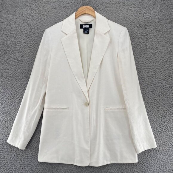DKNY Blazer Womens 0 White Linen Blend Long Button Up Pockets Office Career Work - Picture 1 of 10